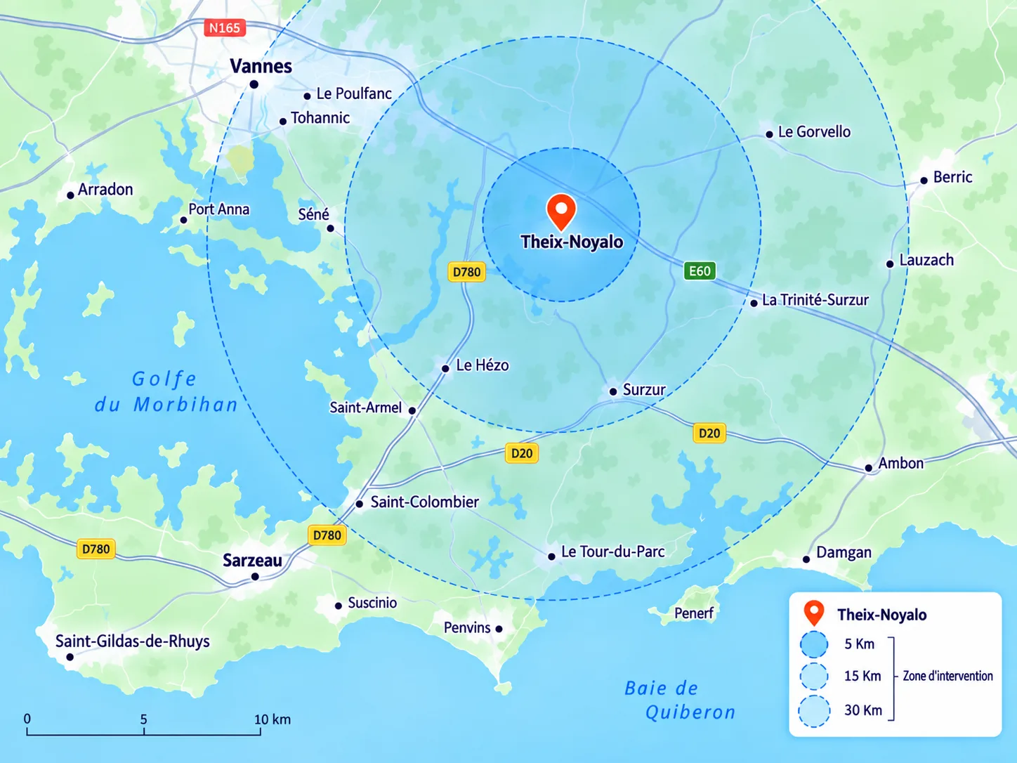 Carte de la zone d’intervention Theix-Elec autour de Theix-Noyalo, Sarzeau, Saint-Gildas-de-Rhuys, Le Hézo et Vannes